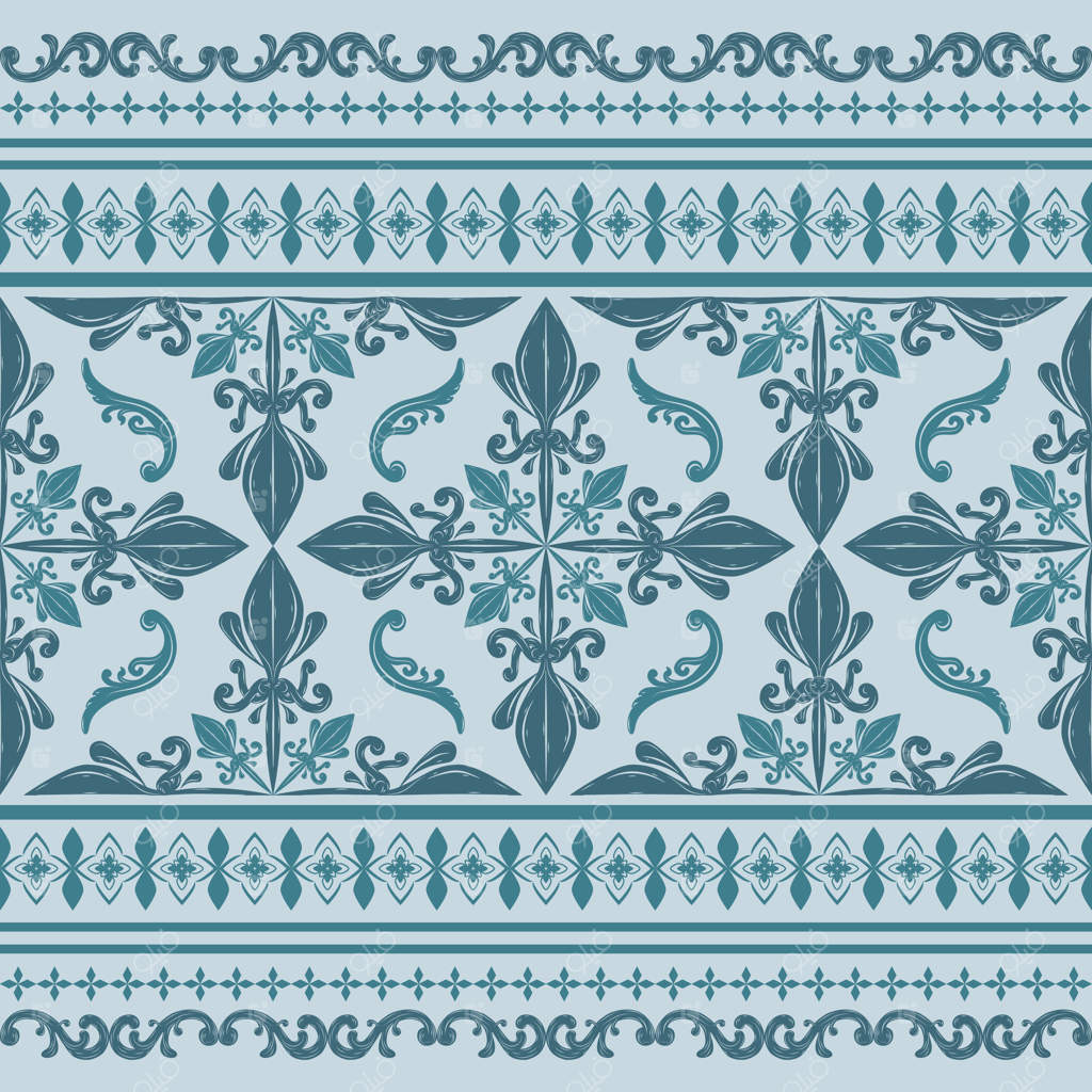 تجمل و ظرافت: قلاب دوزی ابریشم آبی سلطنتی چینگ بر روی زمینه آبی کم‌رنگ. پترن لوکس و بی‌نظیر آسیایی. طراحی پیوسته با گل‌های باغ برای پارچه‌های برند لوکس لباس‌های کبا و باتیک.