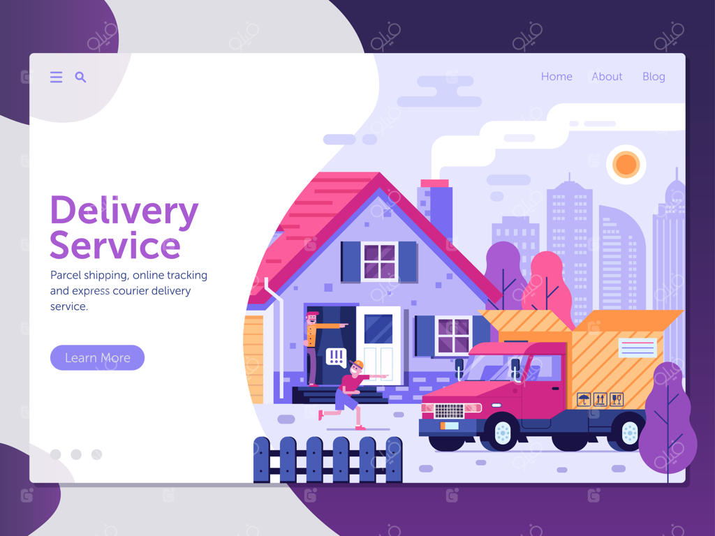 قالب صفحه فرود خدمات تحویل با افرادی که بسته خود را در جلوی خانه دریافت می‌کنند. بنر مفهومی حمل و نقل با ون تحویل و جعبه مقوایی باز شده. تصویرسازی ارسال.