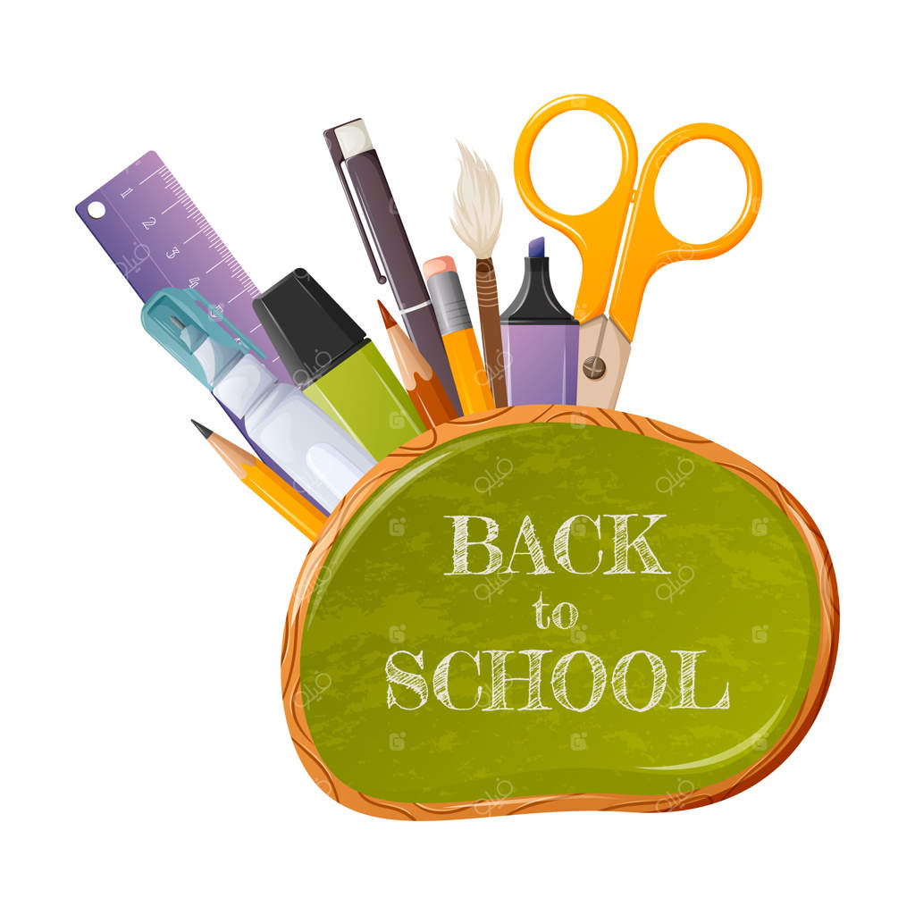 تخته‌سیاه کارتونی با نوشته "بازگشت به مدرسه". لوازم‌التحریر. تصویر برداری. آموزش و پرورش
