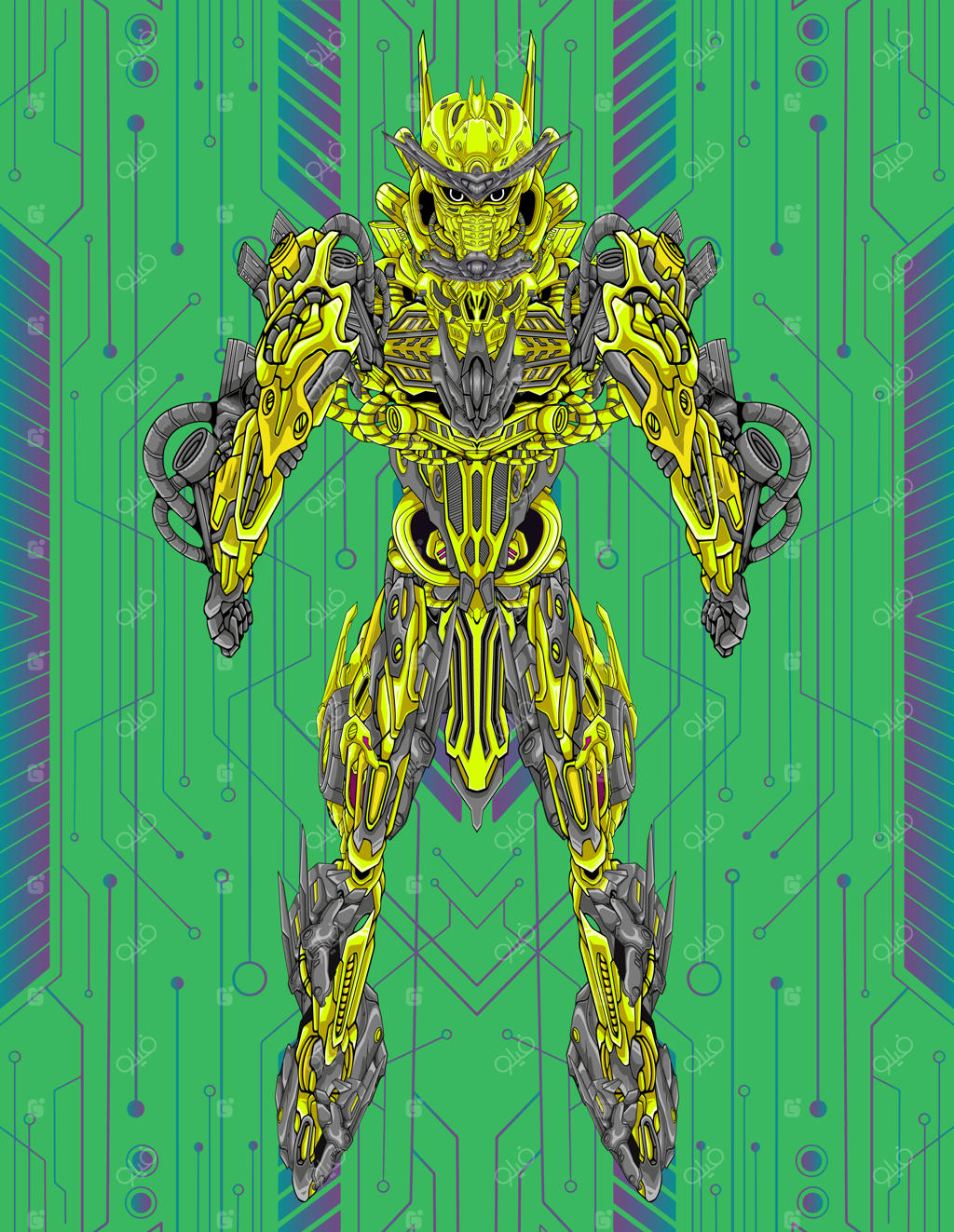 تصویر یک جنگجوی ربات قدرتمند با مشت‌های گره‌ کرده