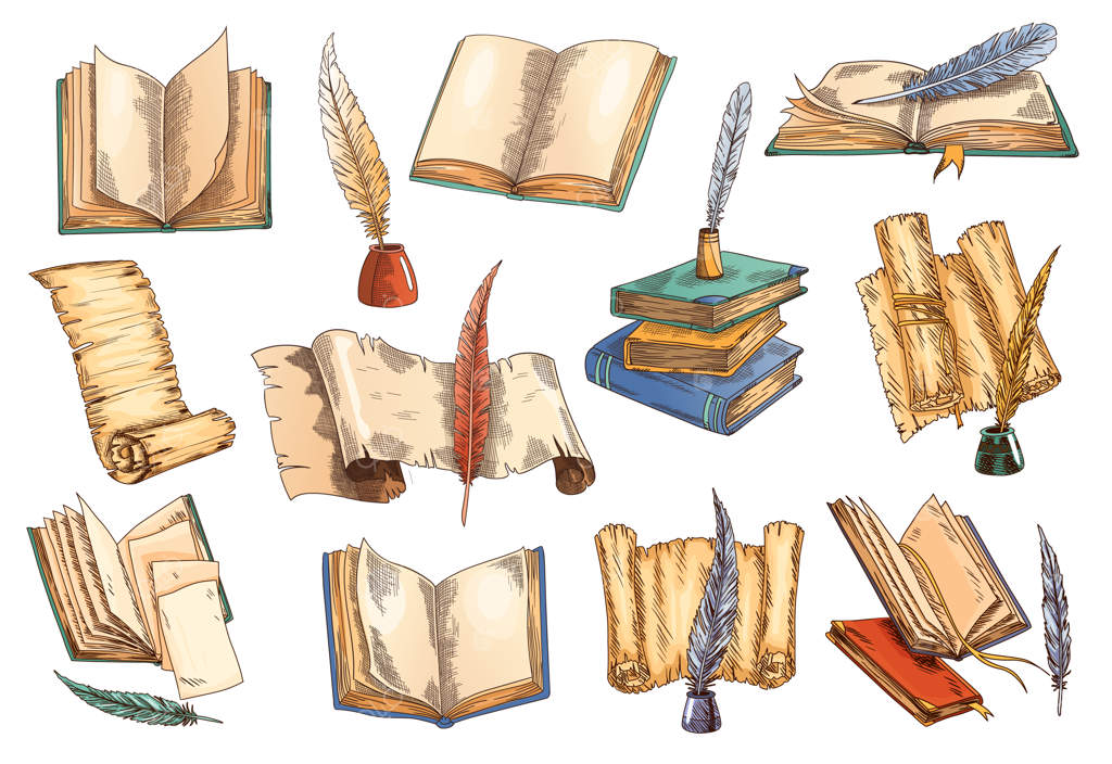 دسته وکتور کتاب‌های قدیمی: مجموعه‌ای از کتاب‌های باز قدیمی با صفحات خالی، طومار کاغذی پارچه‌ای و قلم پر عتیقه به همراه دوات نوشتاری قدیمی و دست‌نوشته‌های خالی