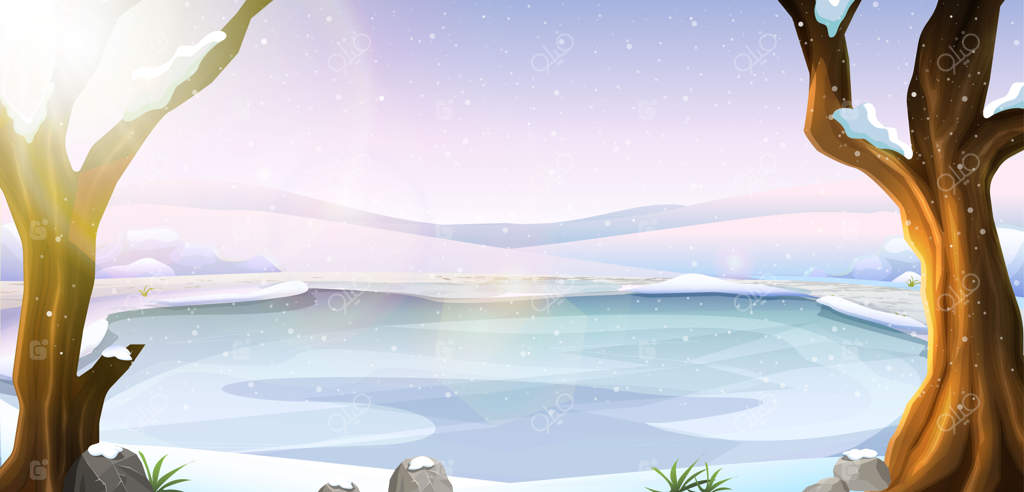 تصویر کارتونی از پیست یخ‌بازی میان درختان و کوه‌ها.