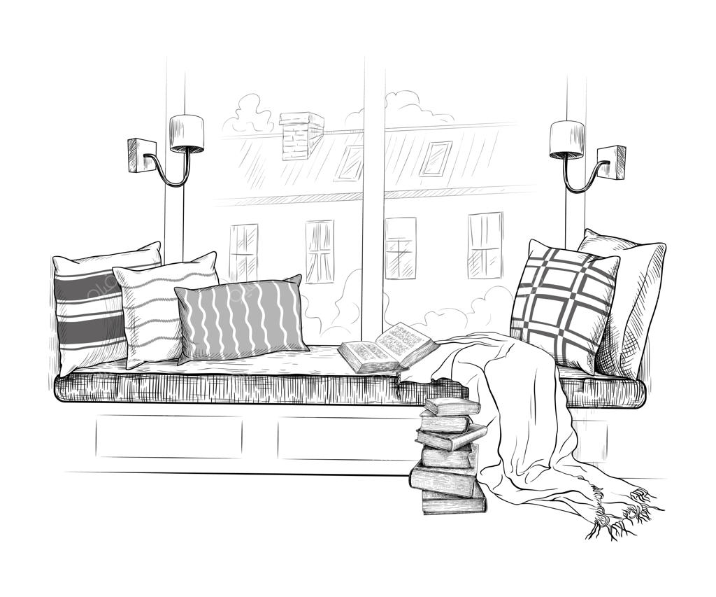 اسکیس طراحی داخلی از مبل و نشیمن لبه پنجره، مکانی برای مطالعه