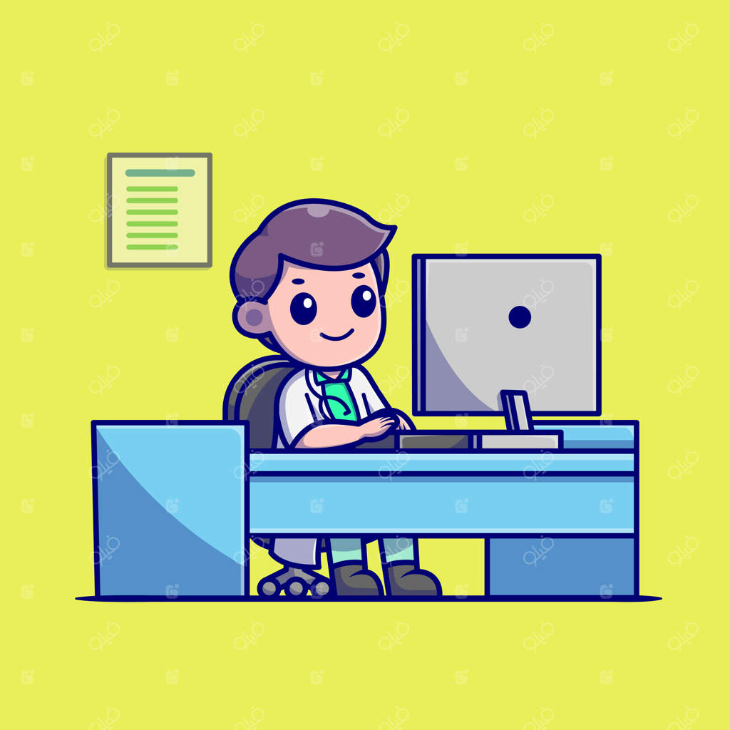 تصویر کارتونی دکتر بامزه در حال کار با کامپیوتر