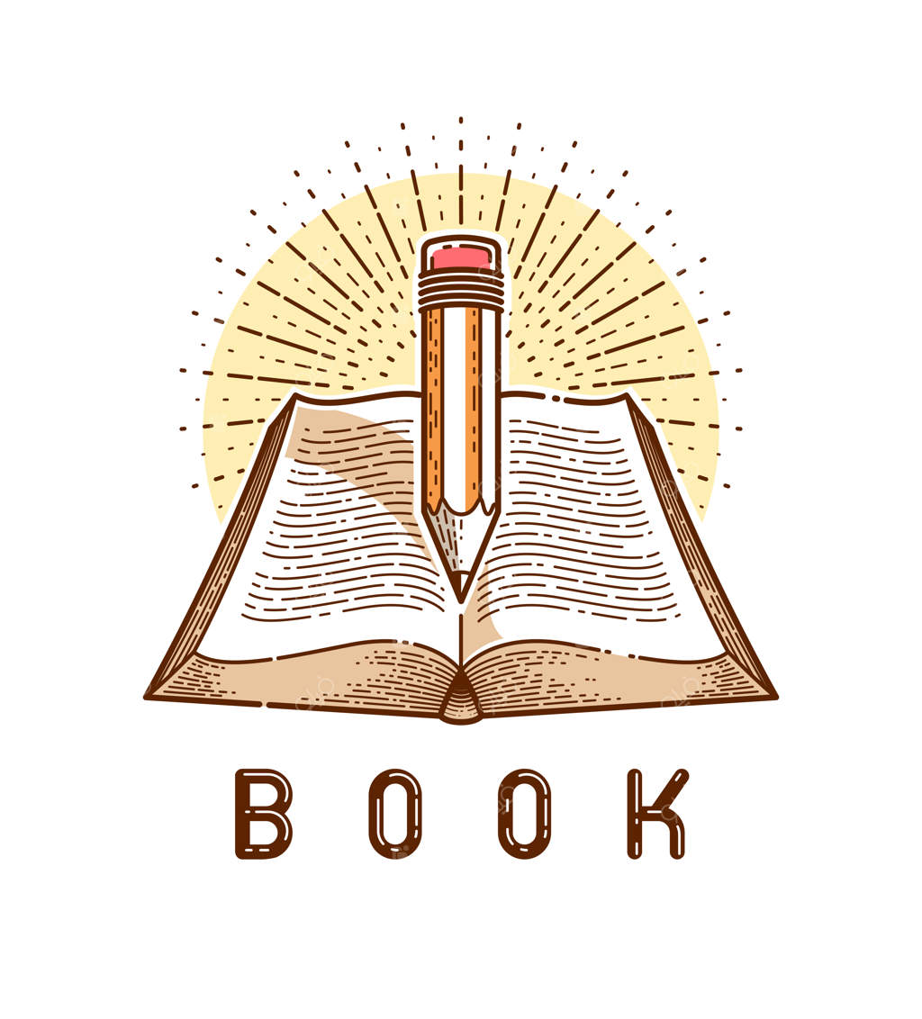 طرح قدیمی کتاب و مداد: مفهومی از دانش علمی یا آموزش، لوگو یا نماد کتابخانه ادبیات آموزشی یا علمی.