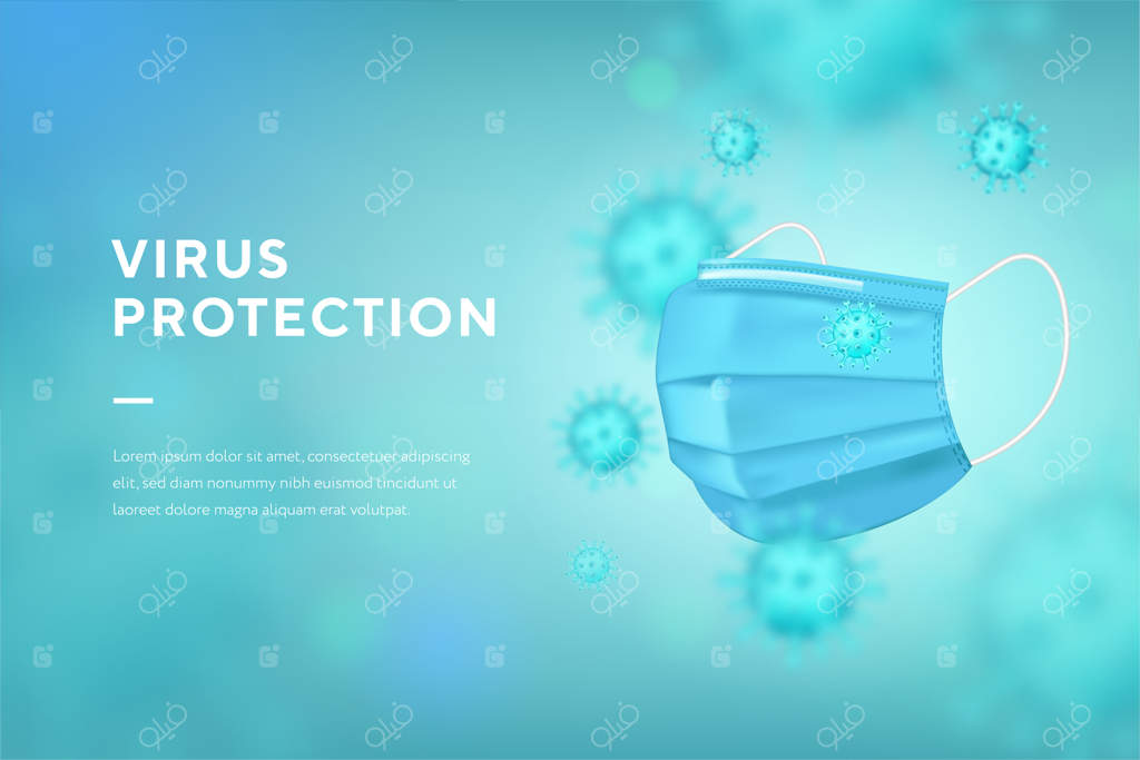 پس‌زمینه‌ای با ماسک پزشکی واقعی و ویروس‌ها.