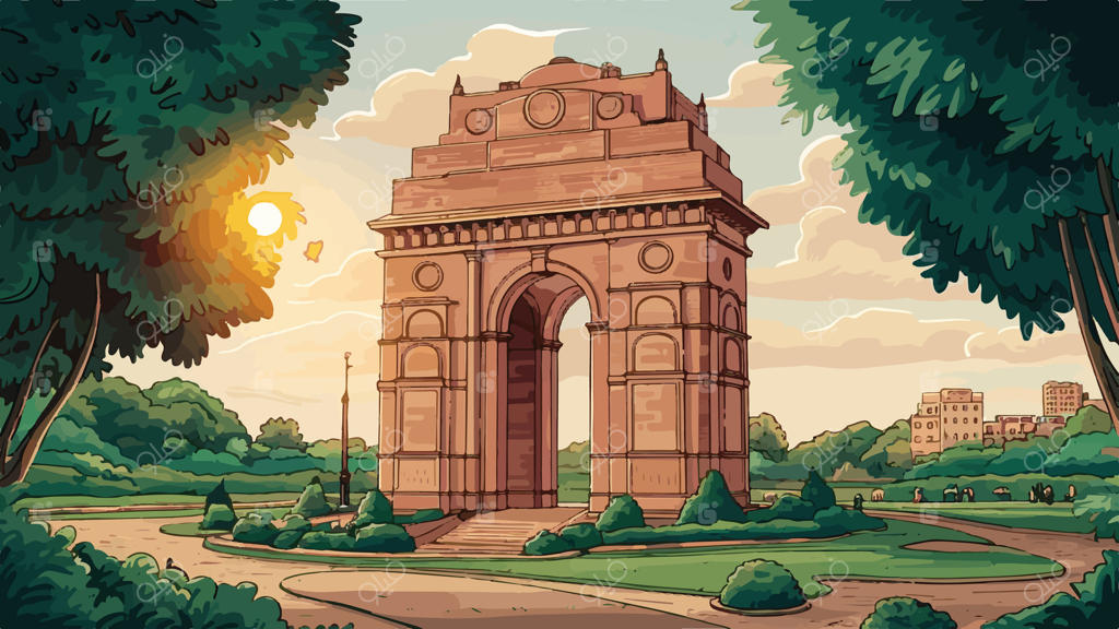 تصویر گهر به یاد ماندنی هند، «دروازه هند» در دهلی نو. باغی سرسبز در نور خورشید با تم سرسبزی. بنای تاریخی با جزئیات فراوان.