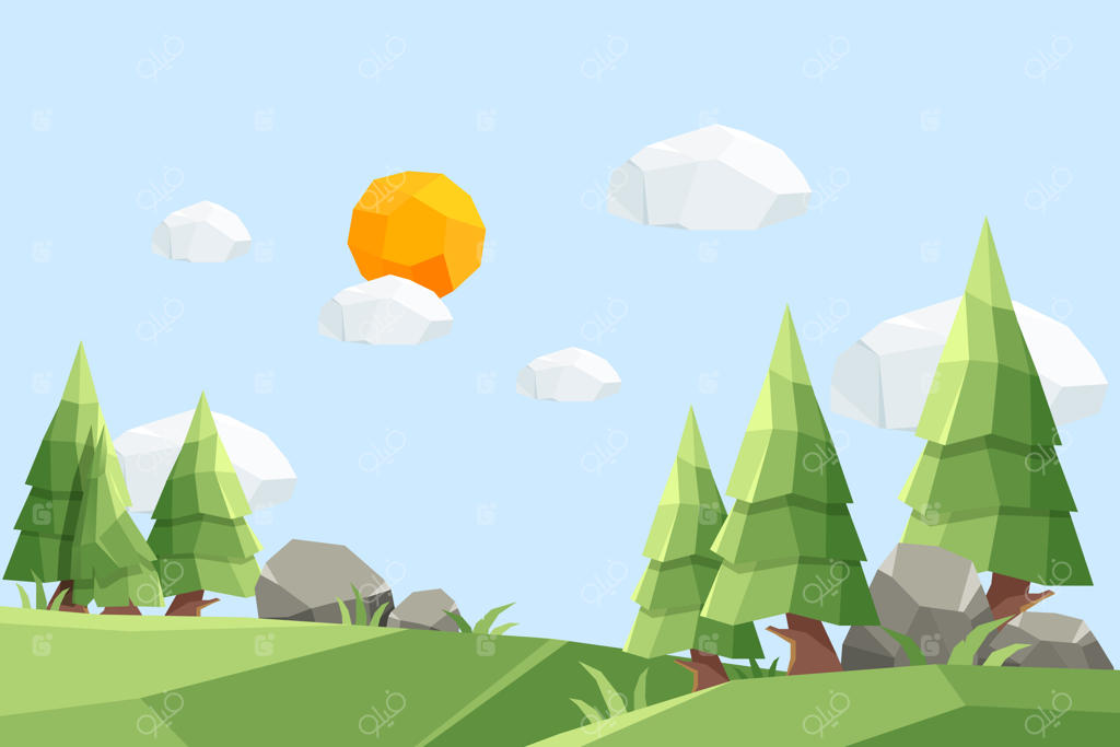 تصویرسازی منظره با طراحی تخت و چندضلعی کم‌جزئیات