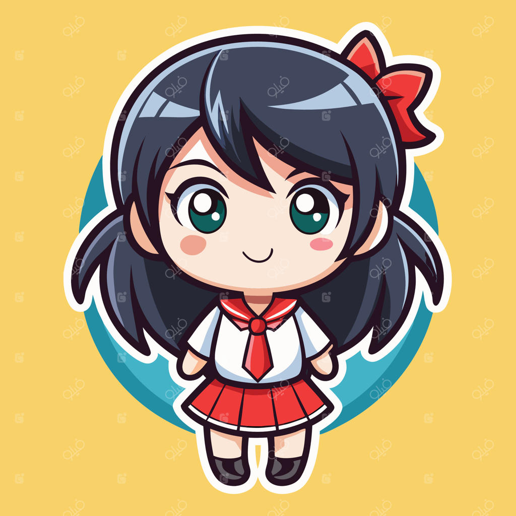 دختر کارتونی با موهای مشکی و چشم‌های قرمز