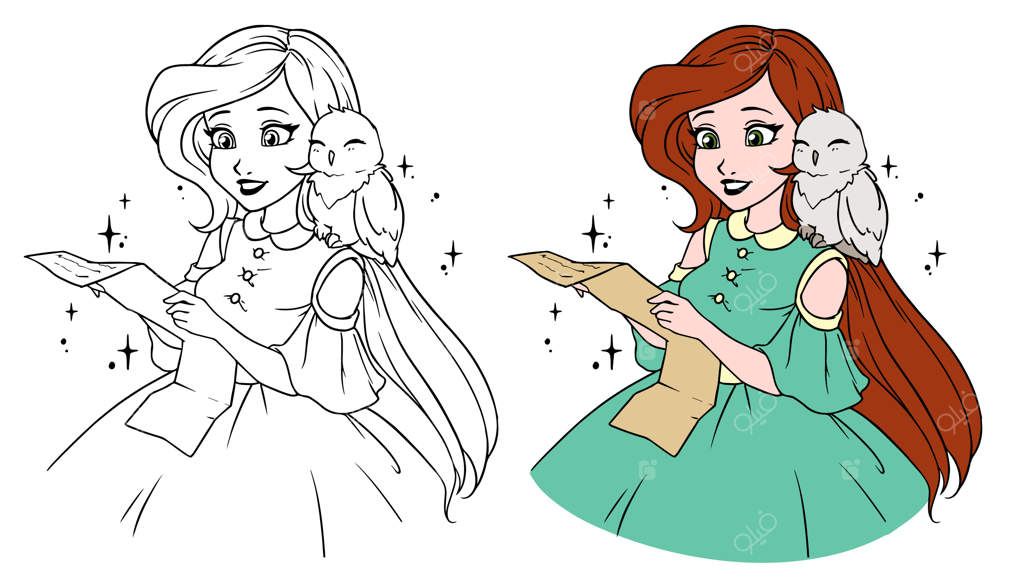 دختر کارتونی زیبا با جغد دوست‌داشتنی.