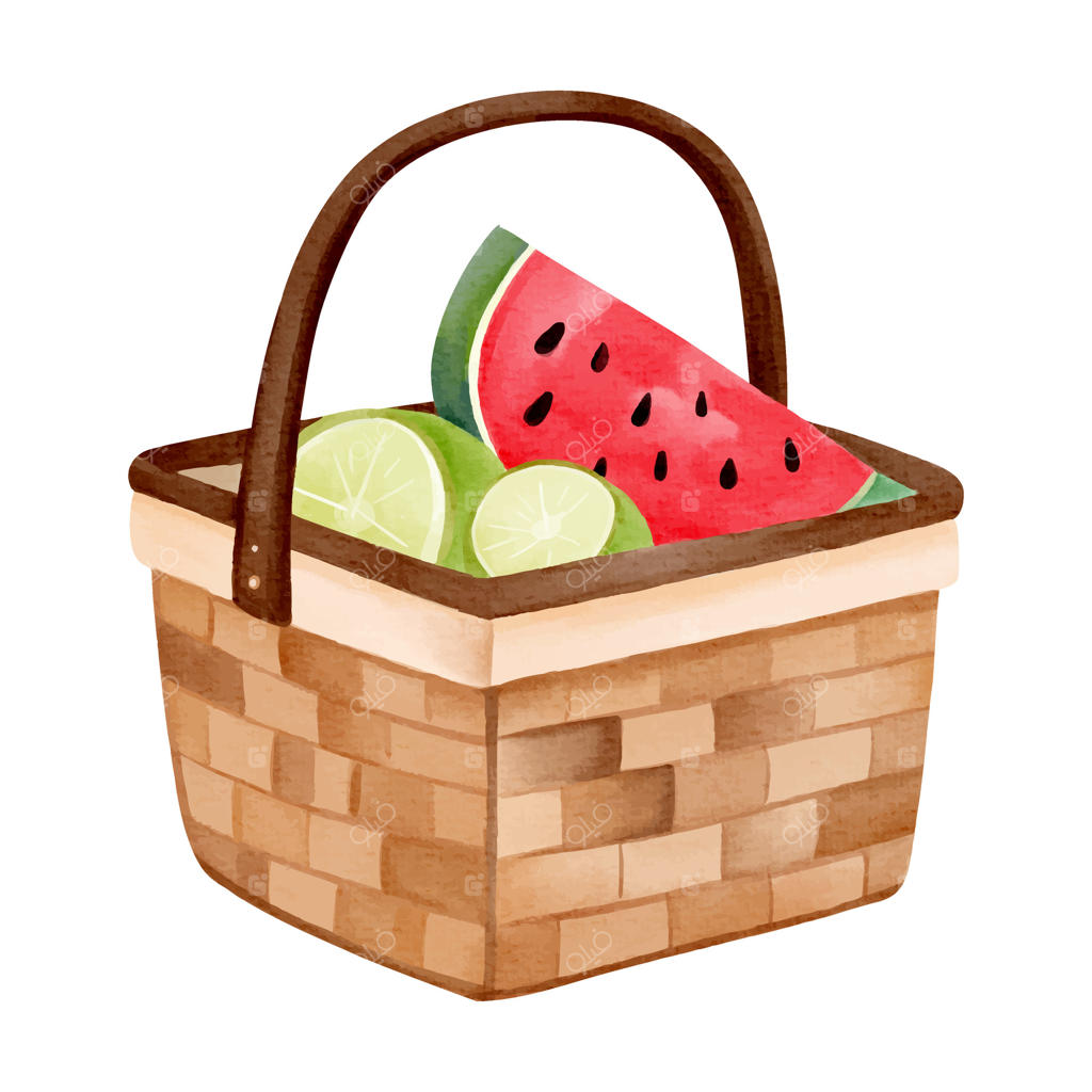 سبد پیک‌نیک با آبرنگ و میوه‌های تازه به سبک دست‌ساز برای طراحی تابستانی، تصویرسازی فصلی