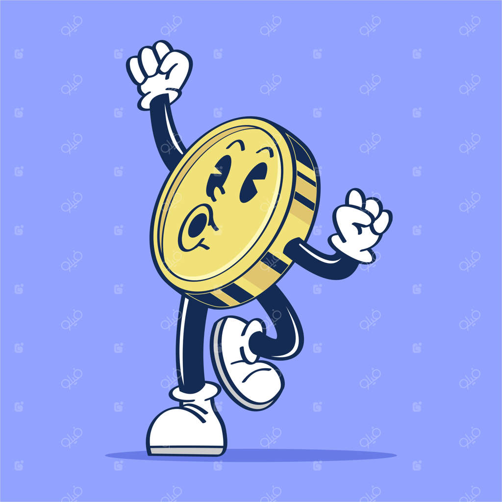 تصویر کارتونی یک سکه با چهره خوشحال در حال پریدن و گفتن هورا
