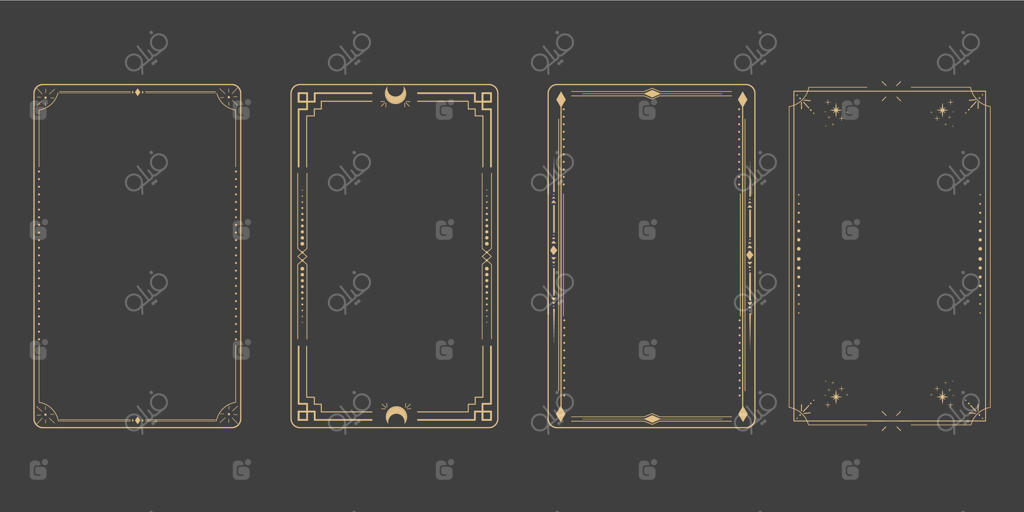 قاب طلایی با حاشیه‌های اسرارآمیز، تزئین مینیمال خطی با نقاط و زوایای جدا روی پس‌زمینه تیره. شکل هندسی، تاروت
