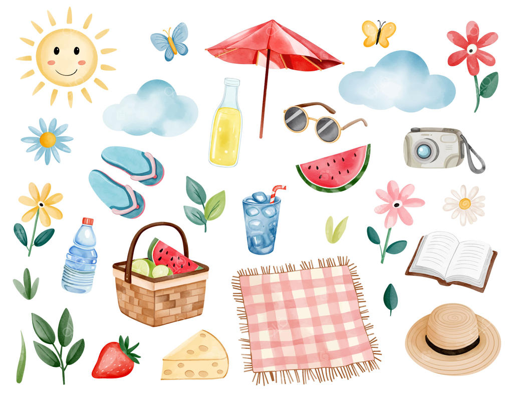 عناصر پیک‌نیک تابستانی با آبرنگ برای طراحی‌ گرم فضای باز، مناسب کارت، چاپ و دکوراسیون تابستانی