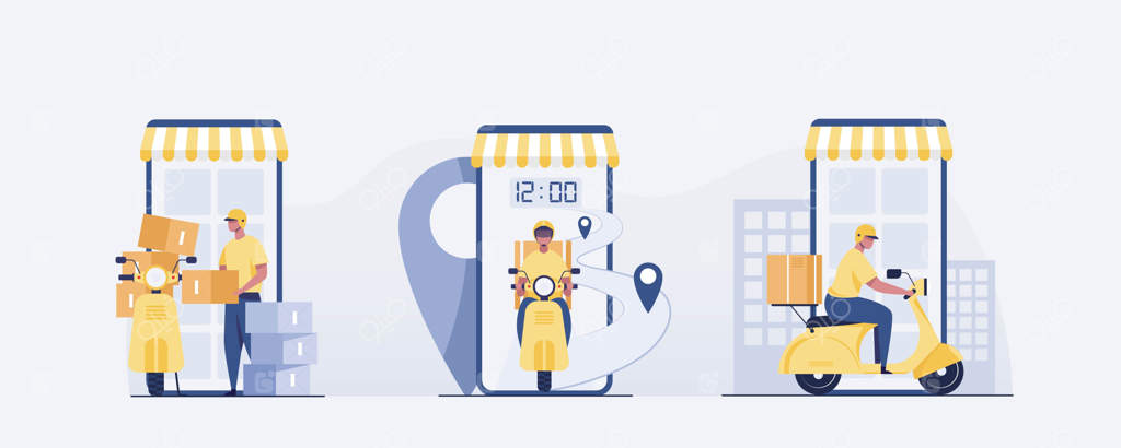 تصویر وکتور: پیک موتوری در حال دریافت سفارش با گوشی هوشمند.