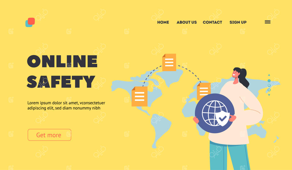 قالب صفحه فرود امنیت آنلاین با شخصیت زن که نماد کره زمین و سپر را بر روی نقشه جهان در دست دارد