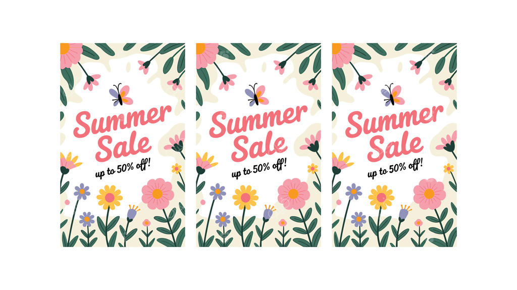 تبلیغ فروش تابستانی گل‌ها با بنر رنگارنگ، پروانه‌ها و تخفیف تا ۵۰ درصد، کمپین بازاریابی فصلی