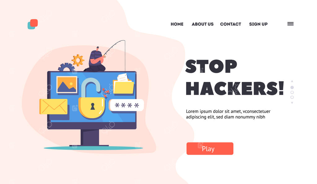 قالب صفحه فرود حمله هکرها: هکر کوچکی بر روی کامپیوتر بزرگ نشسته و با نخ ماهیگیری به دنبال فایل‌هاست