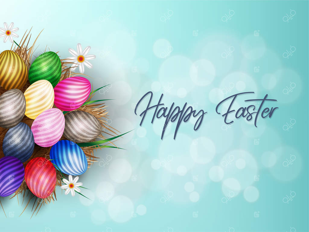 عید پاک مبارک: تخم‌مرغ‌ها در میان چمن خشک و گل‌های سفید