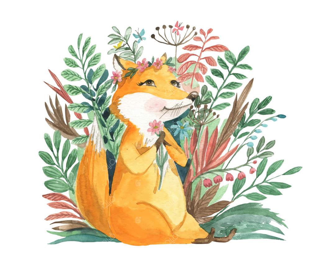 تصویرسازی آبرنگی از روباهی در چمنزار با نگاهی خیالی