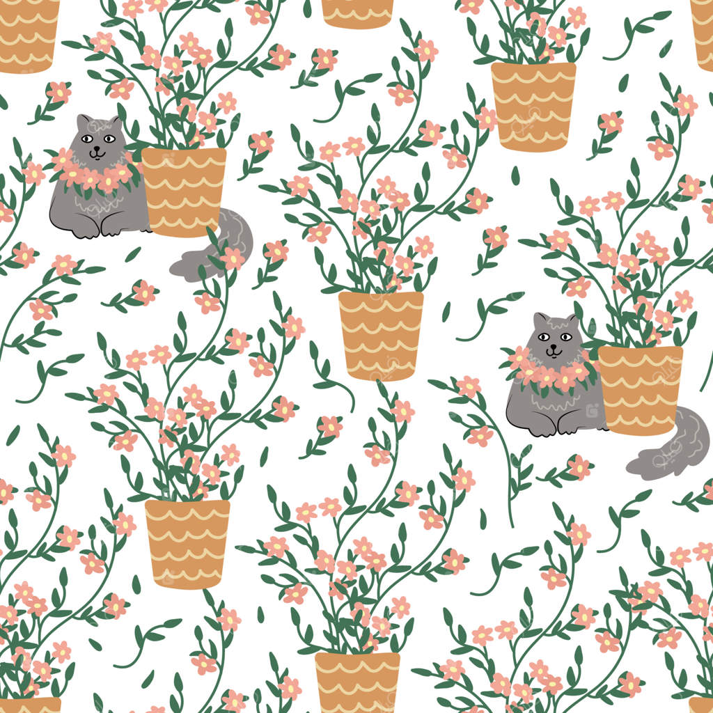 طرح یکپارچه گربه‌ها در باغچه با گل‌های شکوفا. تصویرسازی دستی و تخت. گیاهان گلدانی و حیوانات خانگی. عالی برای پارچه‌ها، کاغذ کادو، کاغذ دیواری و پوشش‌ها.