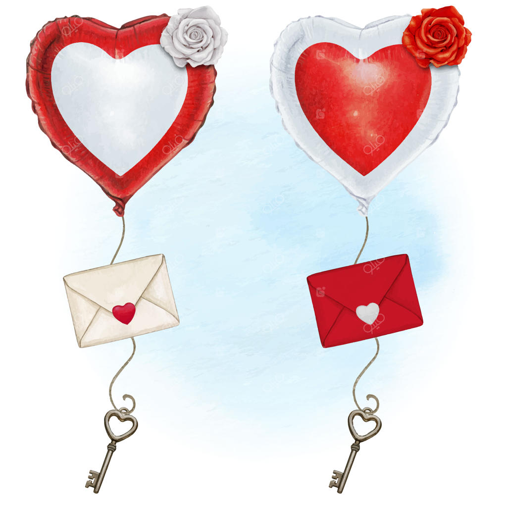 بادکنک آبرنگی قلبی شکل همراه با پاکت عشق و کلید قلبی