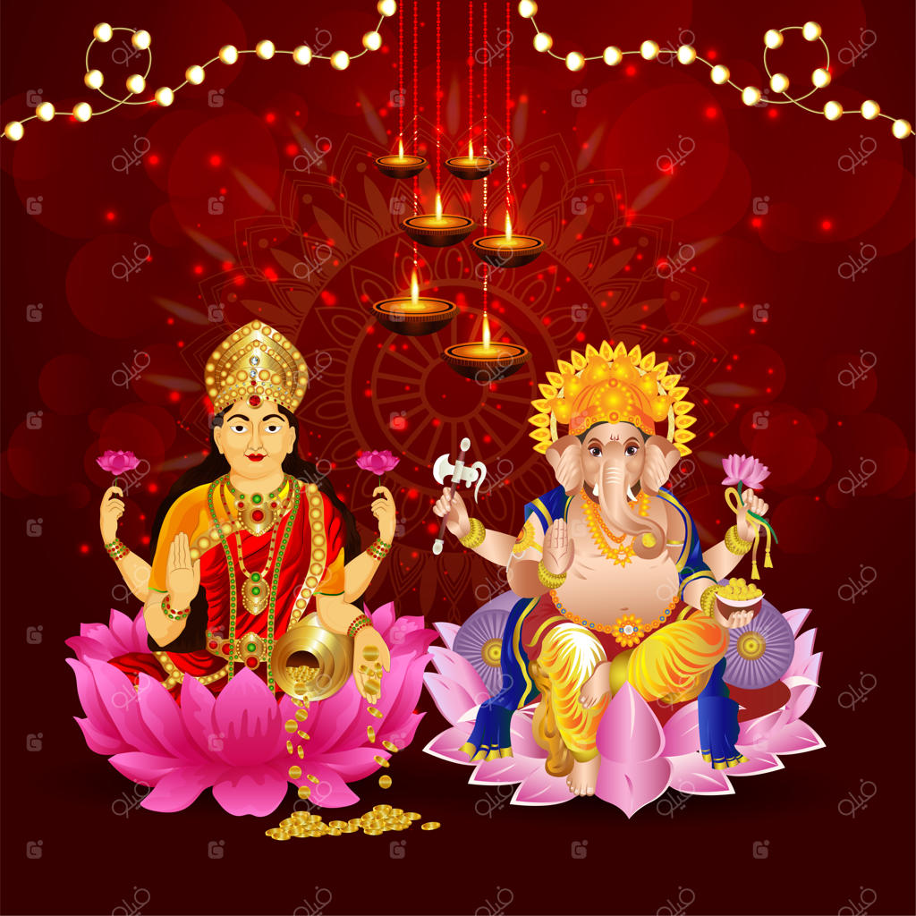 بنر جشن دیوالی مبارک، جشنواره نور هندی با تصویر وکتور الهه لاکشمی و لرد گانشا