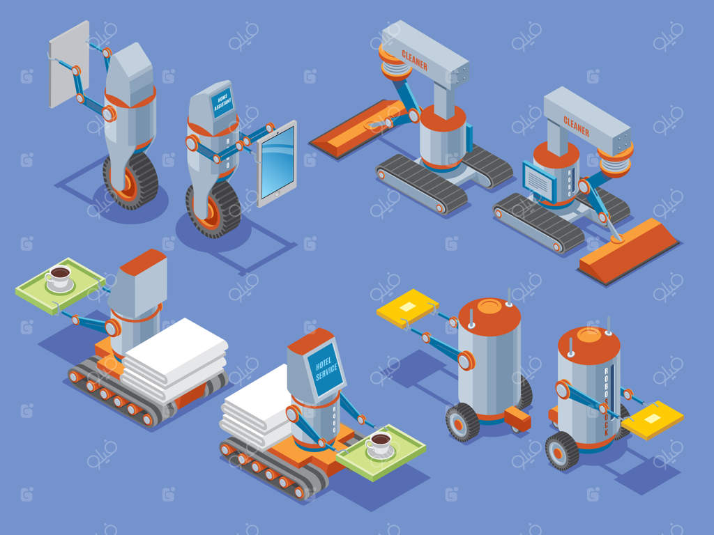 ارائه ربات‌های ایزومتریک با خدمات نظافت خانه و هتل - دستیاران رباتیک در نماهای جلو و پشت