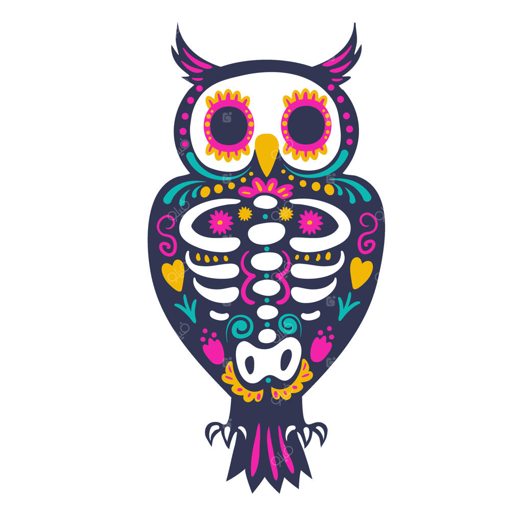 اسکلت جغد تزیین شده با گل‌ها و عناصر دکوراتیو، نمای رو به رو. حیوانی جشن‌واره‌ای برای روز مردگان مکزیکی، "دیا د لوس مورتوس".