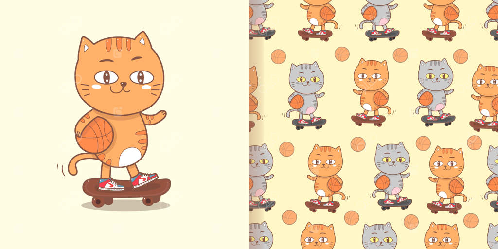 پترن کارتونی گربه بامزه روی اسکیت‌ بورد