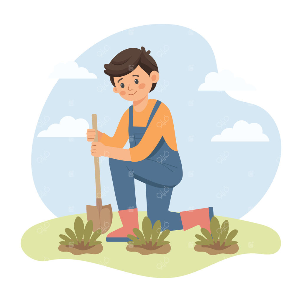 پسر با بیلچه در حال مراقبت از گیاه. باغبان در بهار. تصویر جذاب و فانتزی.