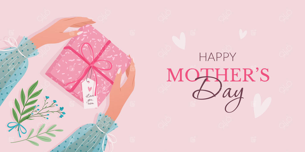 مفهوم روز مادر مبارک: بنر یا پوستر افقی جشن. دستان زنانه در حال گرفتن جعبه هدیه. تصویرسازی زیبا با قلب‌ها و گیاهان روی پس‌زمینه صورتی.