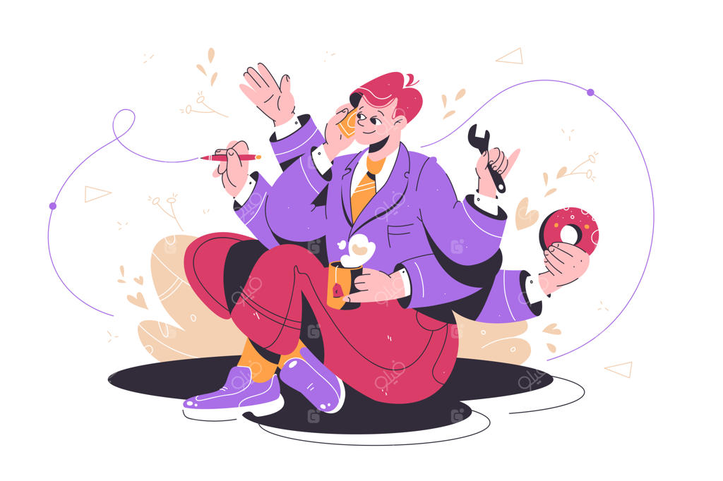 مرد پرمشغله و چندکاره در محل کار - تصویر وکتوری از یک تاجر موفق که در حال مکالمه تلفنی و نوشتن است