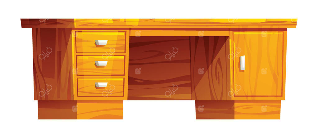 میز تحریر کلاسیک چوبی با سه کشو و یک کابینت جانبی، ایده‌آل برای یک فضای کار منظم - تصویر کارتونی