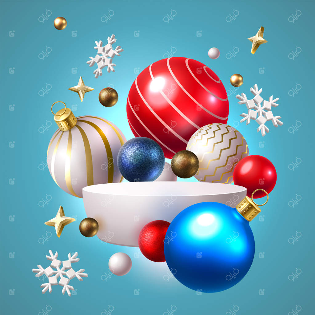 اسباب‌بازی‌های کریسمس در سکوی نمایش با دانه‌های برف و ستاره‌ها