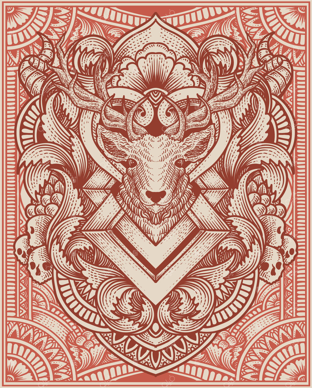 تصویر سر گوزن با سبک حکاکی آنتیک ایده‌آل برای محصولات و تی‌شرت شما