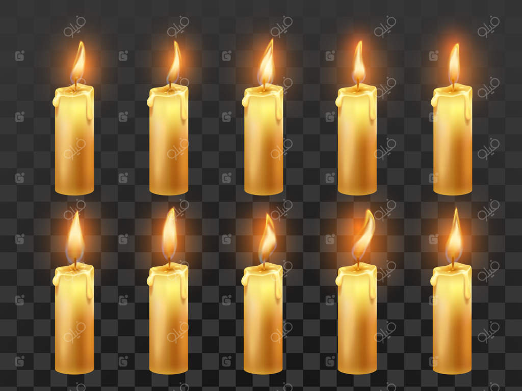 انیمیشن آتش شمع - مجموعه‌ای واقع‌گرایانه از شمع‌های مومی نارنجی در حال سوختن با شعله‌ای جدا شده
