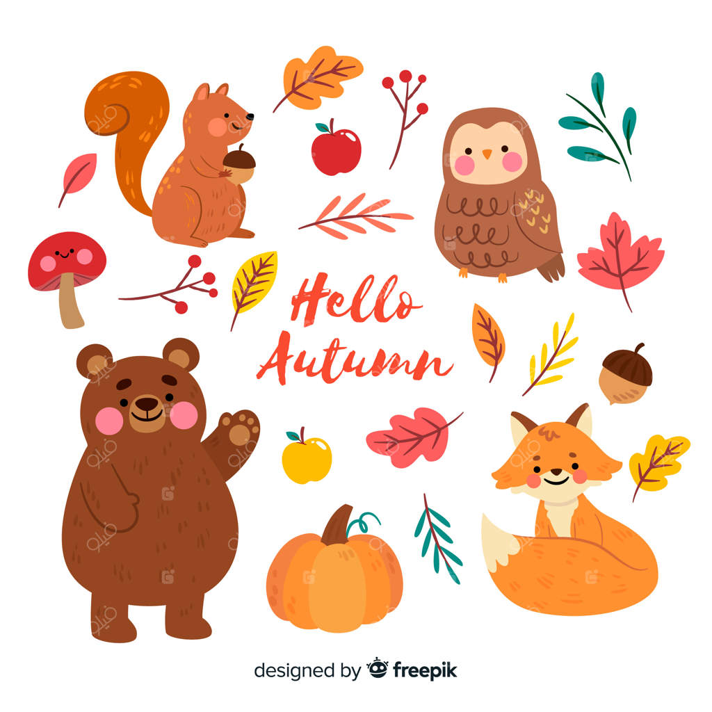 مجموعه‌ای از حیوانات جنگل پاییزی به طراحی تخت