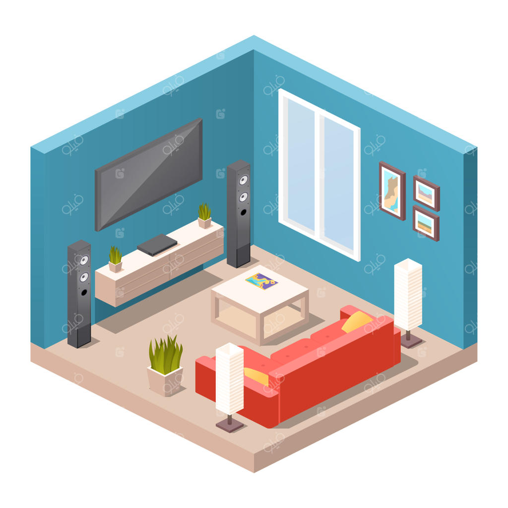 طراحی داخلی نشیمن واقعی: مبلمان مدرن، مفهوم آپارتمان یا خانه. نمای ایزومتریک از اتاق شامل: مبل، چراغ‌های کف، میز قهوه‌خوری، سینمای خانگی، تلویزیون صفحه تخت، گیاهان گلدانی و دکوراسیون.