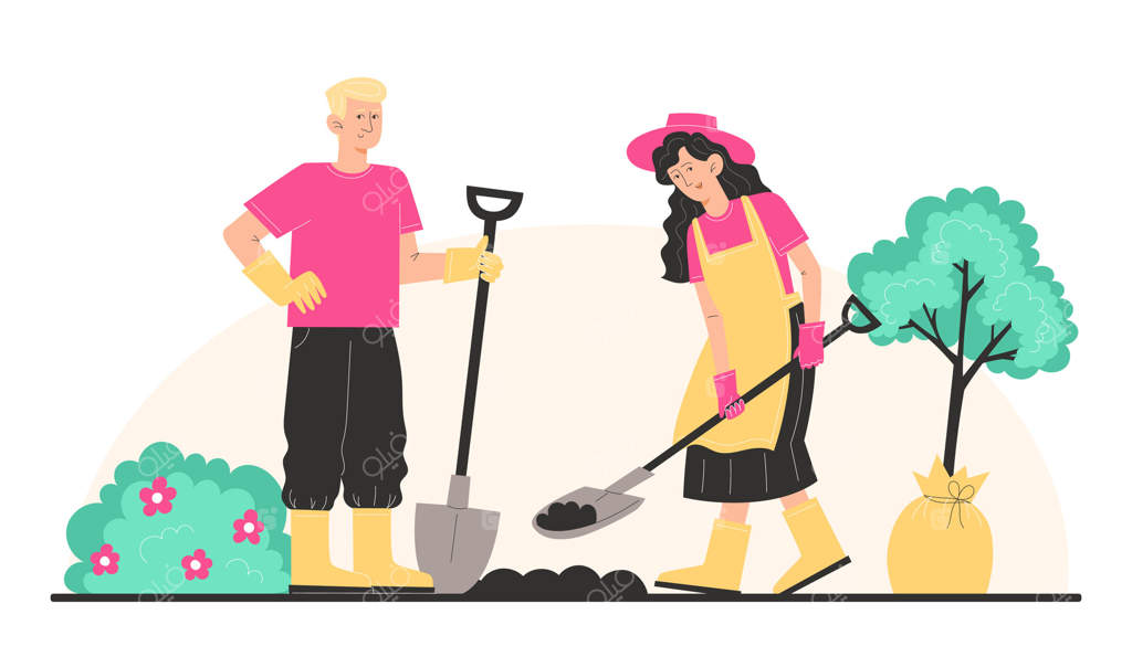 مراقبت از باغ: زن و مردی زمین را با بیل حفر کرده و نهالی می‌کارند