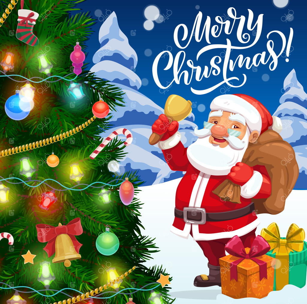 کارت پستال تبریک: بابانوئل، هدیه‌های کریسمس و درخت جشن.