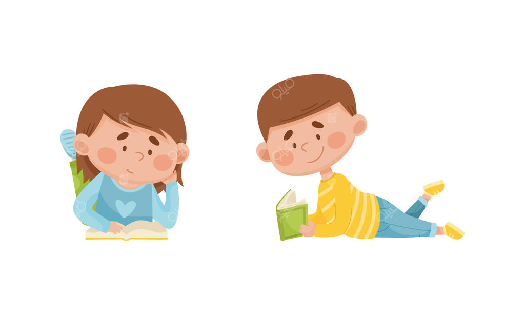 پسر و دختر ناز دراز کشیده روی زمین و کتاب می‌خوانند. دانش‌آموزان ابتدایی با کتاب. تصویرسازی کارتونی آموزش کودکان.