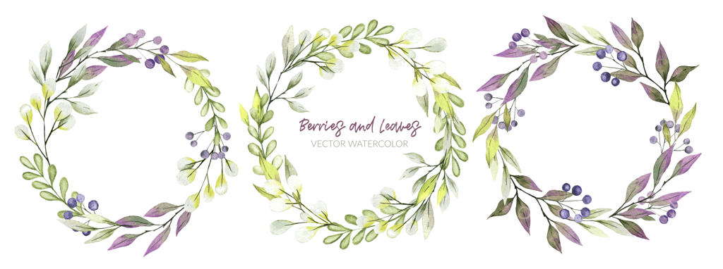 حلقه گل آبرنگی سبز، با سایه‌های بنفش و سبز و توت‌ها