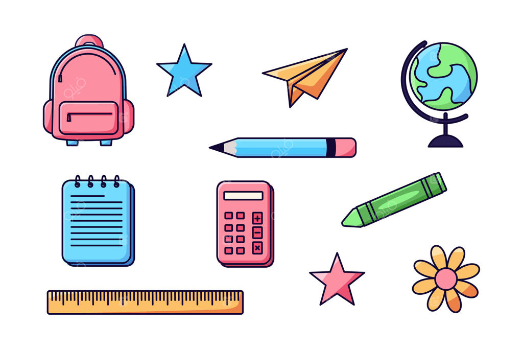 مجموعه لوازم التحریر بامزه روی پس‌زمینه سفید.