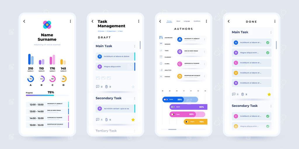 اپلیکیشن برنامه‌ریز موبایل: برنامه‌ریز کارها و زمانبندی پروژه با رابط کاربری داشبورد وظایف وکتور اینفوگرافیک طراحی