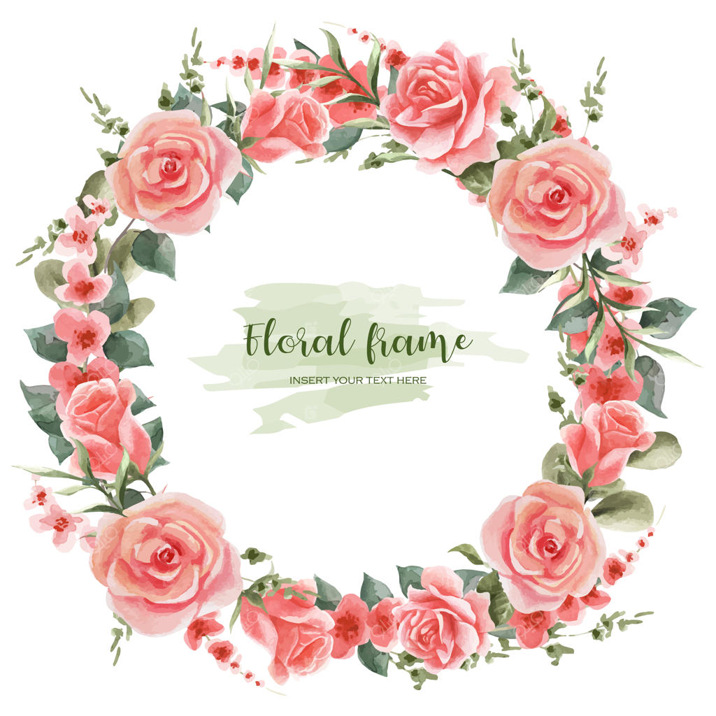 ویگنت گل‌های آبرنگی با قاب گرد گل‌های رز صورتی و برگ‌ها برای تزئین متن دعوتنامه‌ها