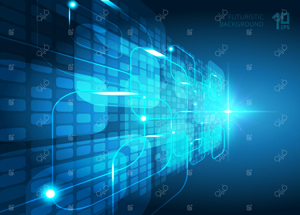 مفهوم فناوری مجازی آینده‌نگر با مربع‌های دیجیتال آبی: انفجار نور با فضای مخصوص متن شما.
