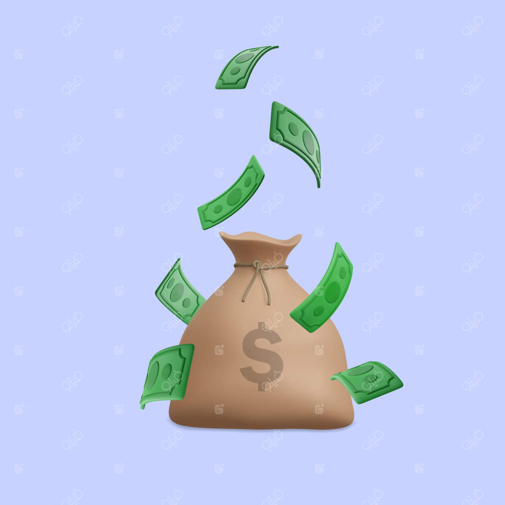 تصویر وکتور سه‌بعدی کیسه‌های پول واقعی با اسکناس‌های سبز دلار