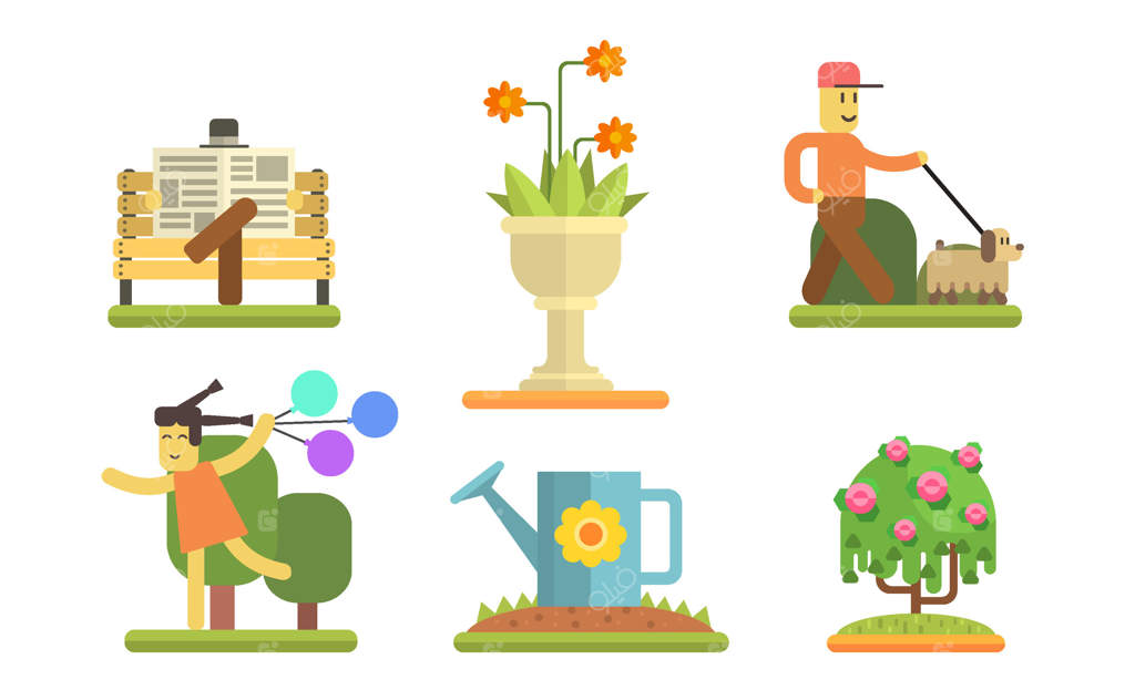 مجموعه عناصر پارک و باغ: مردی در حال قدم زدن با سگ، دختری در حال دویدن با بادکنک‌های رنگارنگ، مردی نشسته روی نیمکت و در حال خواندن روزنامه (تصویرسازی)