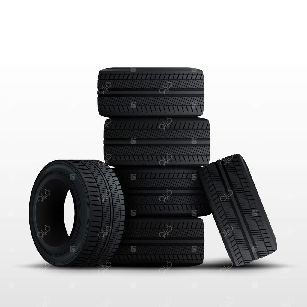 مجموعه لاستیک‌ها: نمای سه‌بعدی واقعی از لاستیک‌های خودرو بر روی زمینه سفید.